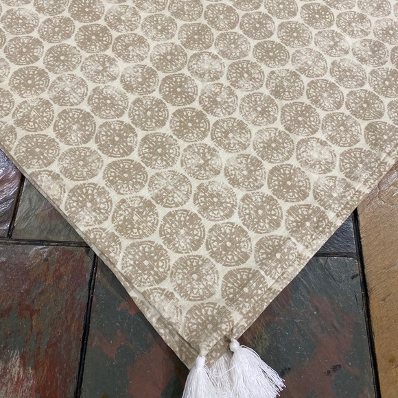 Threshold Beige Distressed Medallion Linen Blend Tassels Table Throw 50" x 50" - Picture 6 of 9